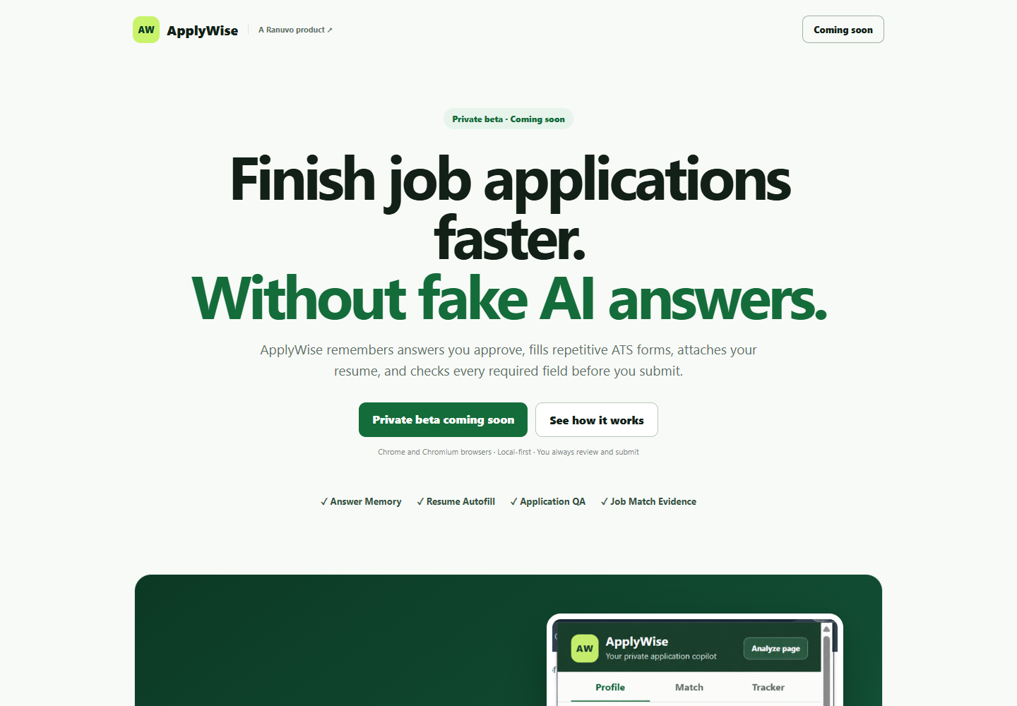 ApplyWise website preview showing its job application copilot